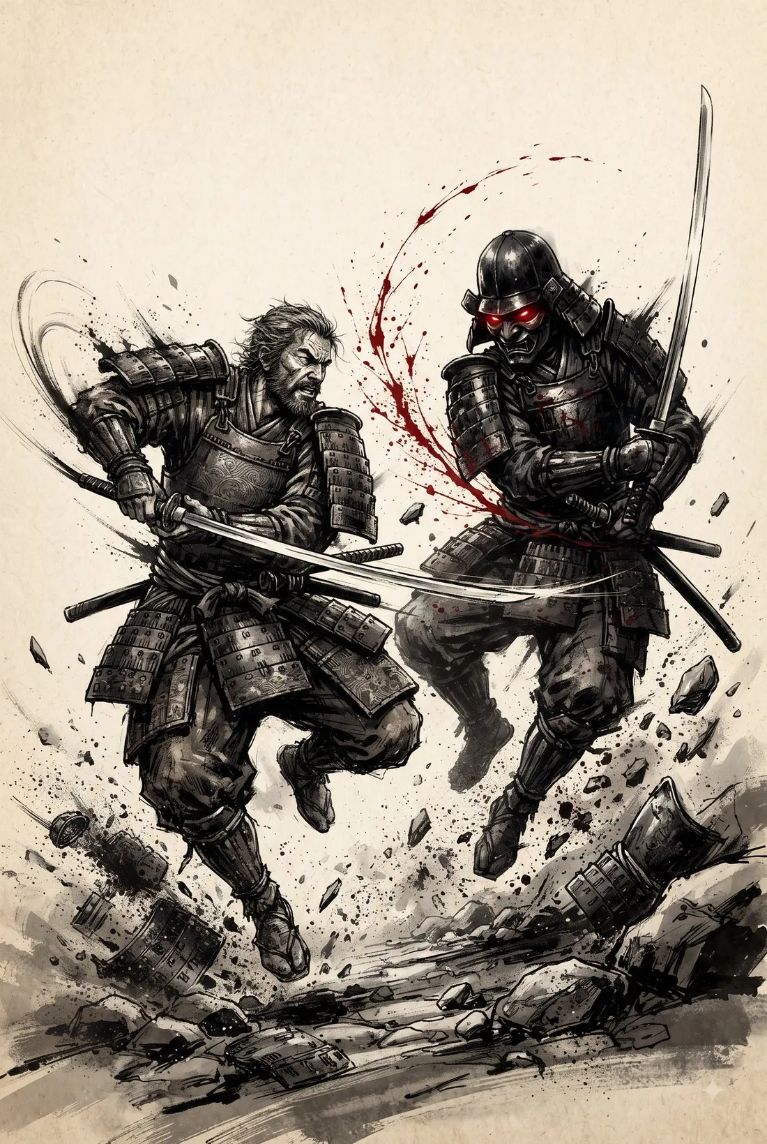 El cruce final — Musashi frente al guerrero de armadura oscura